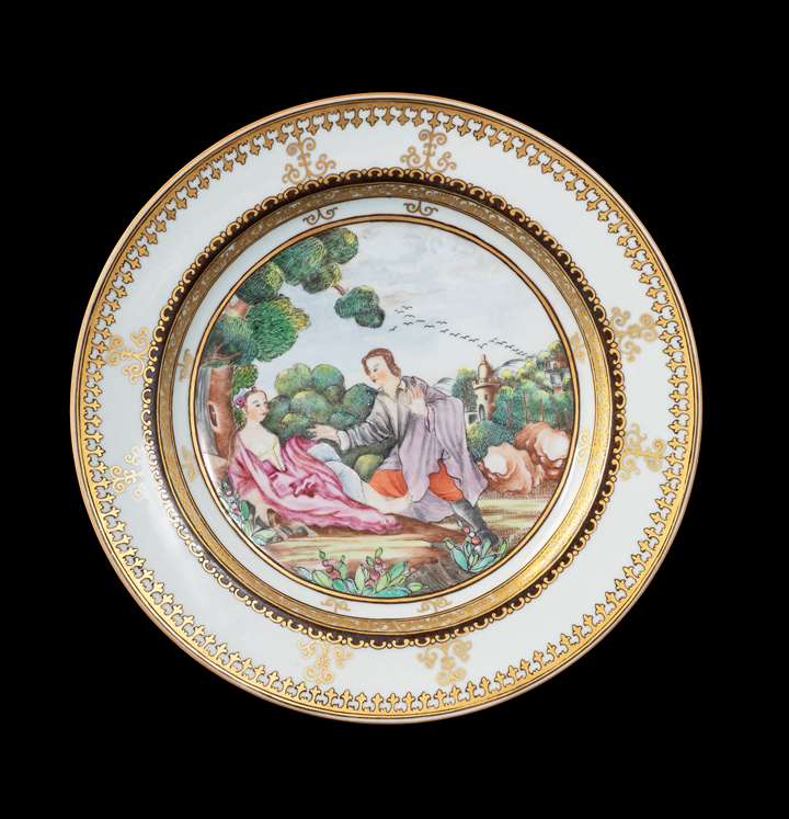 GG: Chinese export porcelain famille rose dinner pate with European subject after Vleughels from La Fontaine